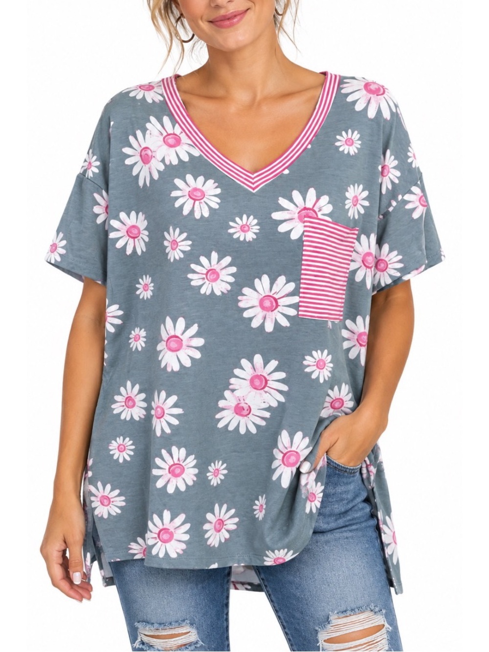 Honeyme grey top with red & white flowers